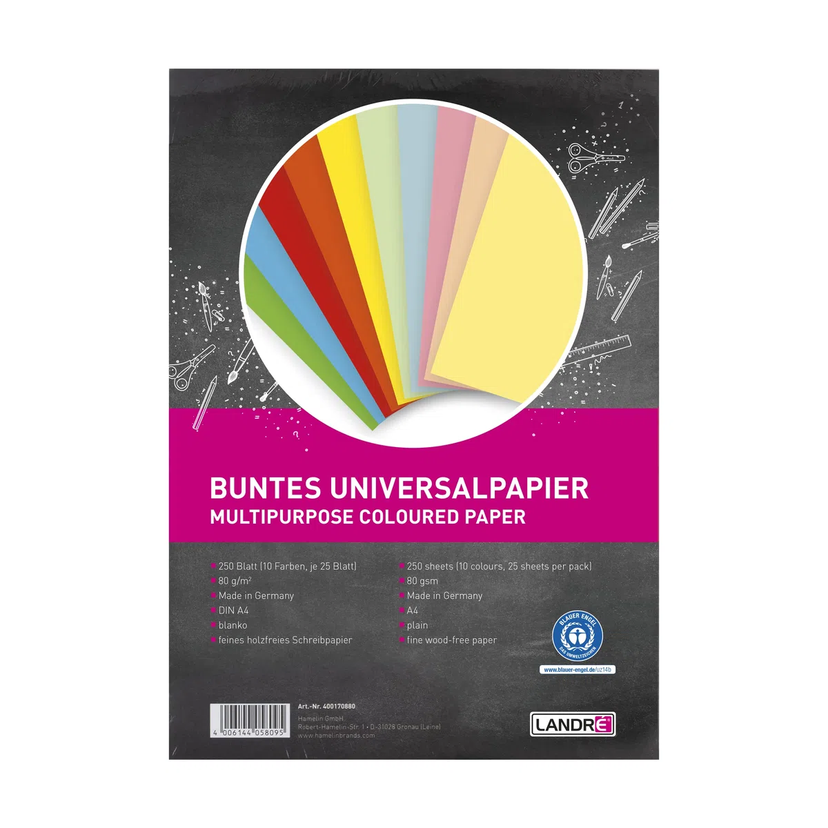 LANDRÉ - 250 fogli A4, carta universale colorata, 80 g/m², 10 colori