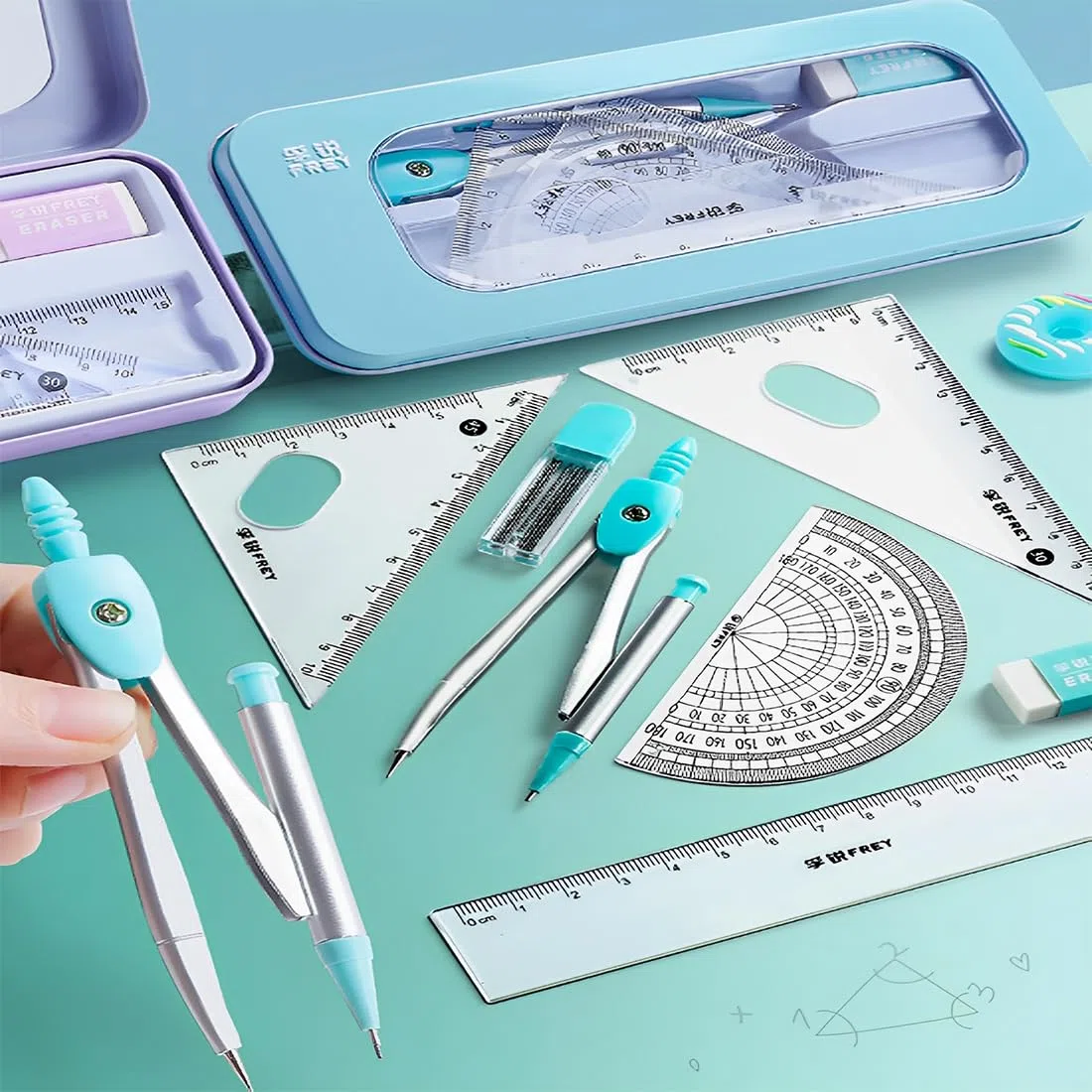 7 Pcs Set Geometria per Studenti, compasso scuola media, compasso scuola elementare, Compasso Goniometro Matematica con Righelli, Scatola di Kit Goniometro per Materiale Scolastico e Scolastico