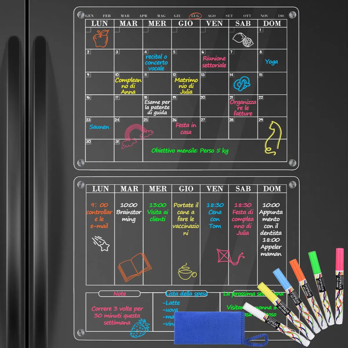 POPRUN Acrilico Lavagna Calendario magnetica trasparente frigo Pianificazione la Mensile & Settimanale cancellabile, Famiglia Lavagna Frigorifero Memo,Agenda Famiglia,Pianificare I Pasti - in Italiano