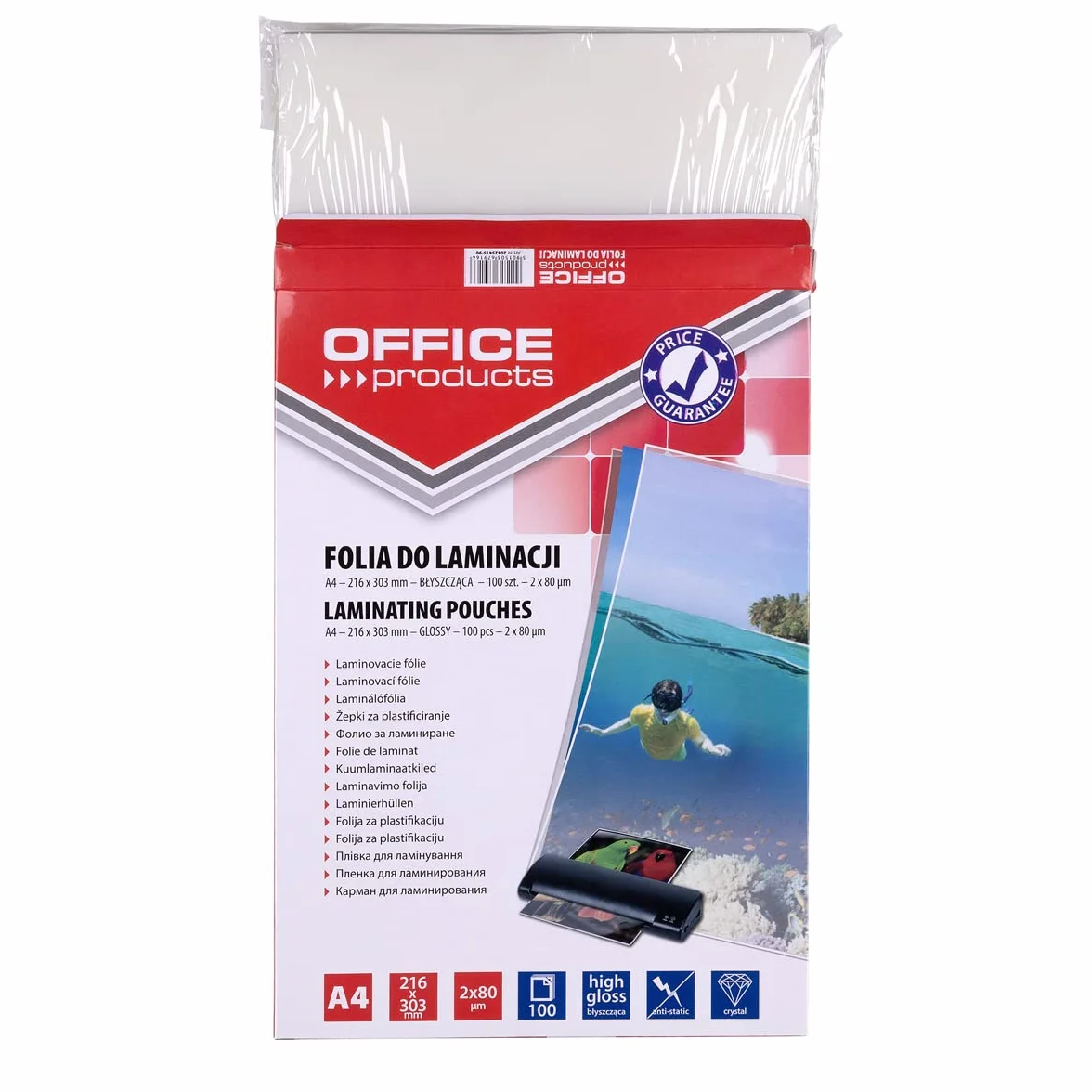 OFFICE PRODUCTS Fogli Plastificatrice A4 / 2 x 100 Micron/Confezione da 100 pezzi/Pouches per plastificazione per documenti/Finitura Lucida/Foglio di Laminazione