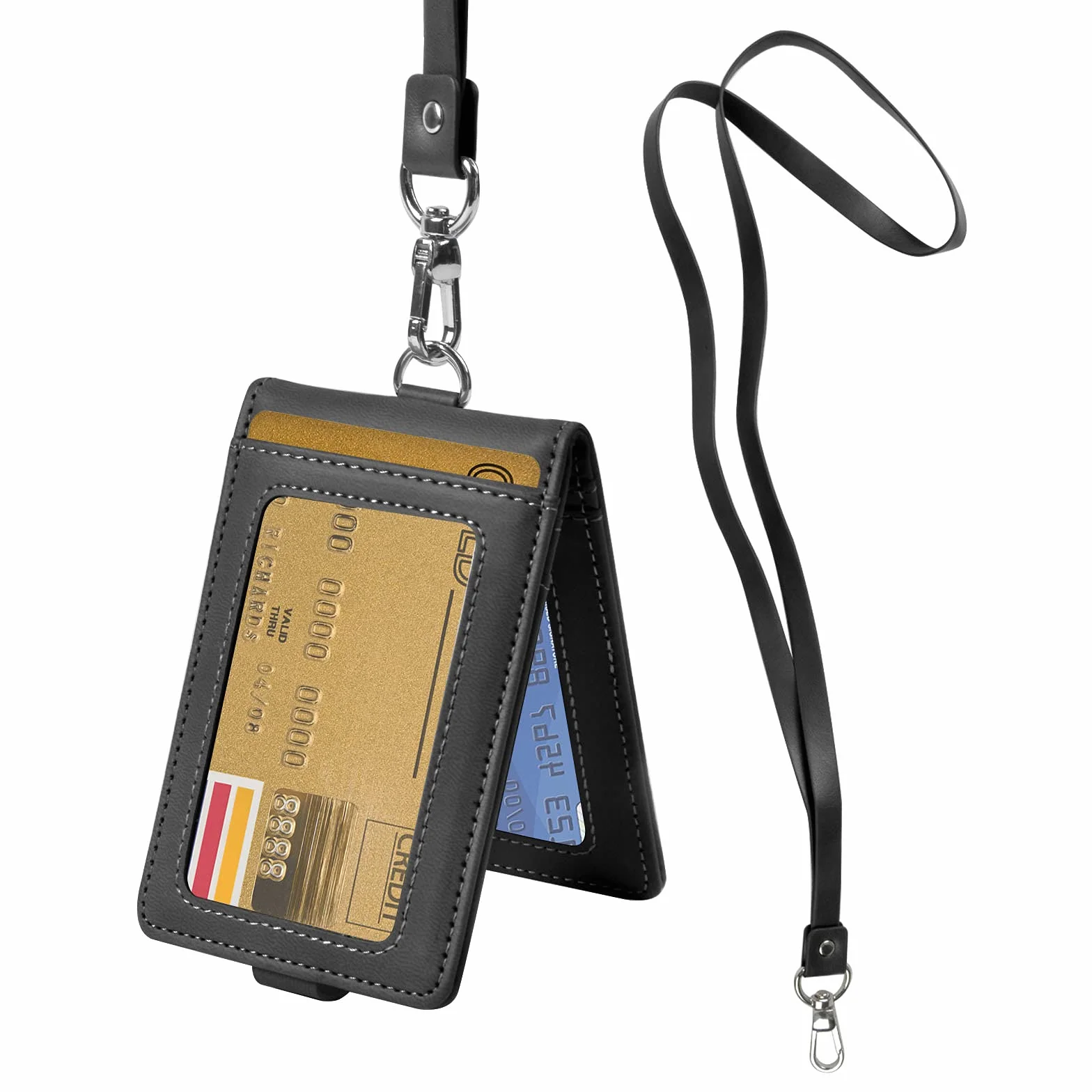 Porta badge con cordino porta carte d'identità in pelle PU titolare di carta d'identità verticale protezione tasche per biglietti da visita, tessera studentesca, biglietti da vista, biglietti di bus,