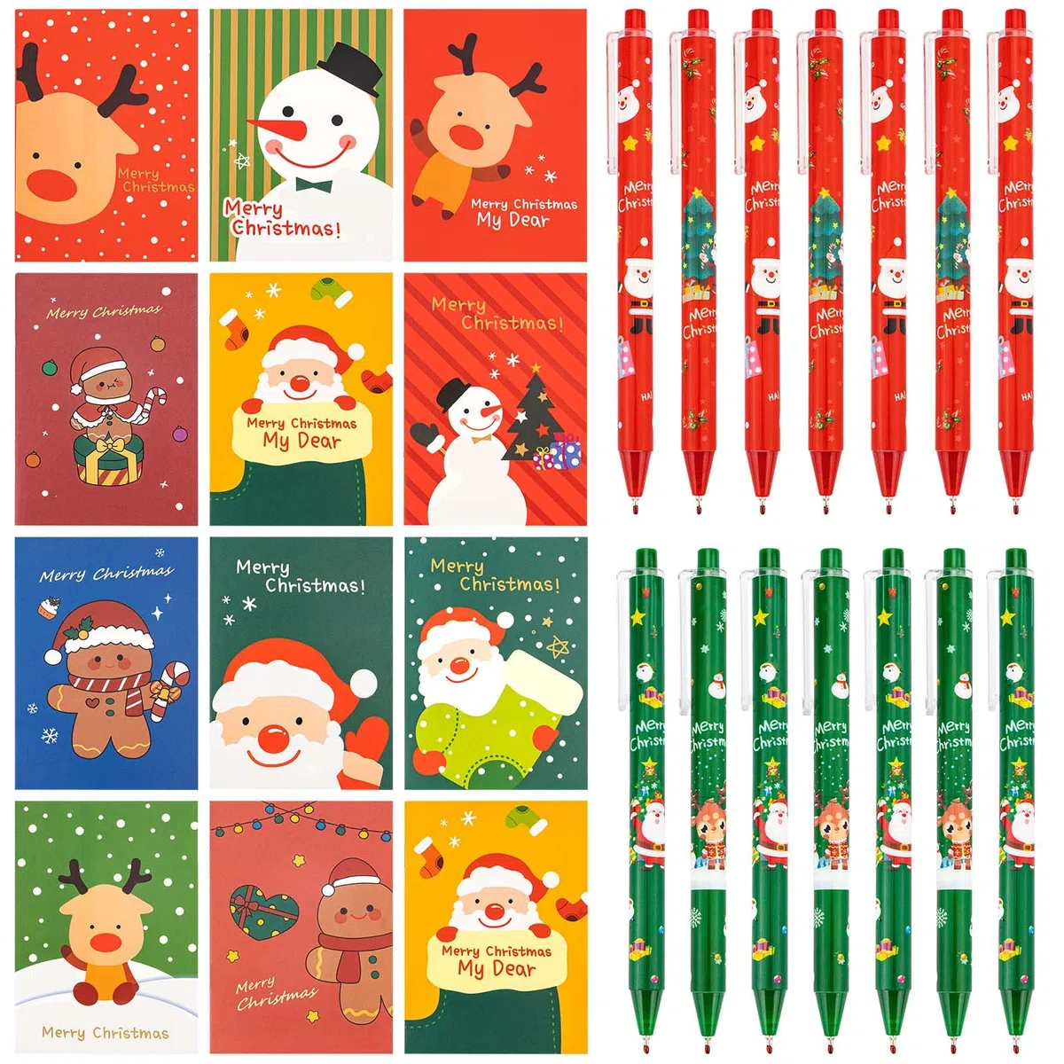 Set di 48 penne a sfera natalizie, 24 mini blocchi per appunti natalizi per bambini, 24 penne a inchiostro gel di Natale, pupazzo di neve, renna, motivo taccuino per feste, regali