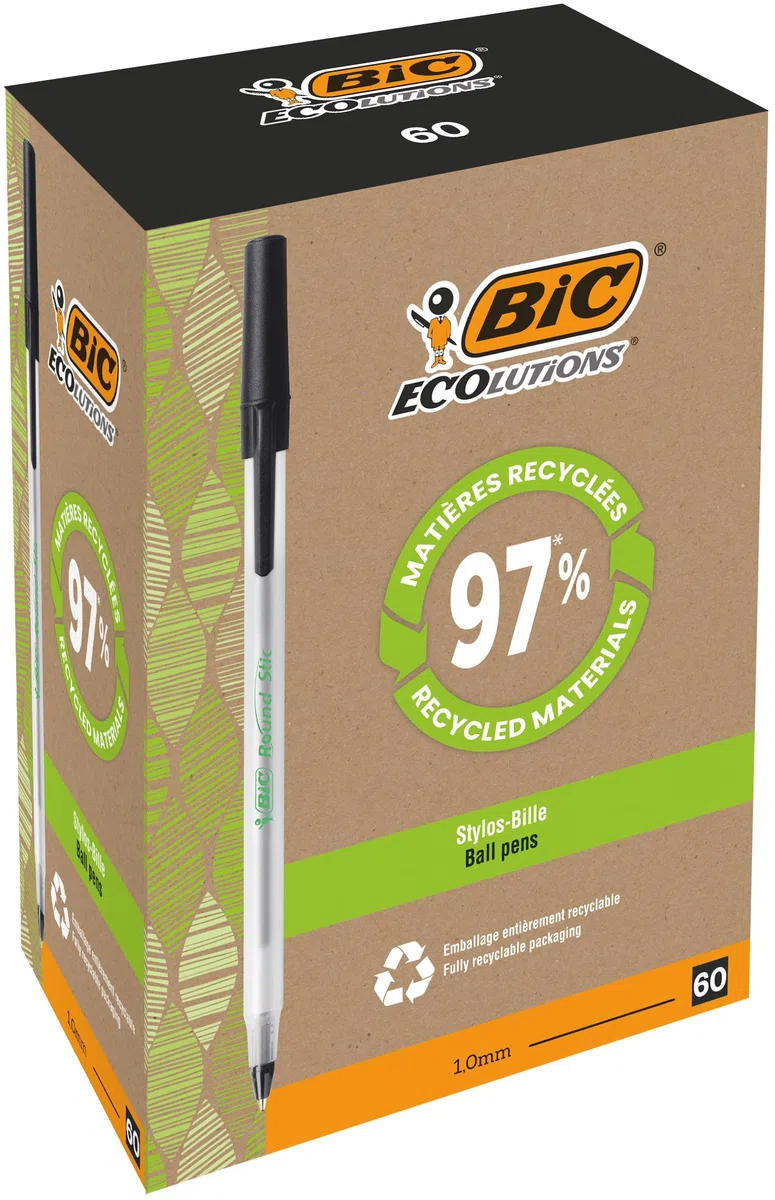 BIC Ecolutions Round Stic, Penne Nere a Sfera, 74% di Plastica Riciclata, Punta Media 1 mm, 60 Unità, Cancelleria Ufficio