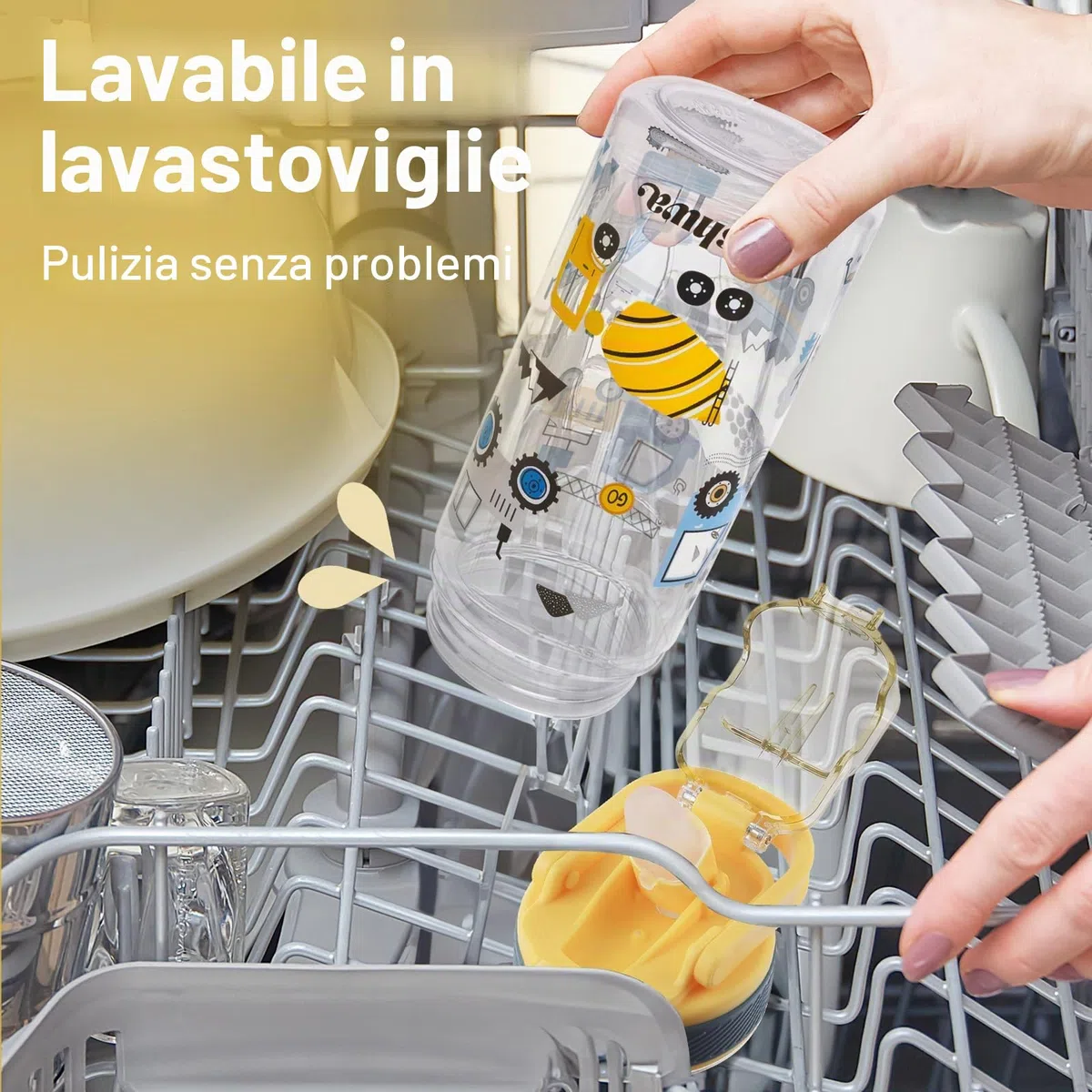 Borraccia Bambini con Cannuccia 480ml, Borraccia Bambino Bambina a Prova di Perdite con Maniglia Senza BPA, per Viaggi Sport Scolastici - Escavatore Giallo