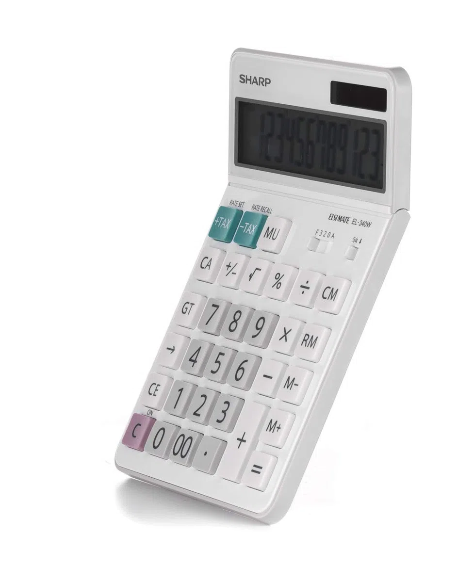 Sharp EL-340W - Calcolatrice da tavolo con display mobile, funzionamento a energia solare/batteria, colore: Bianco