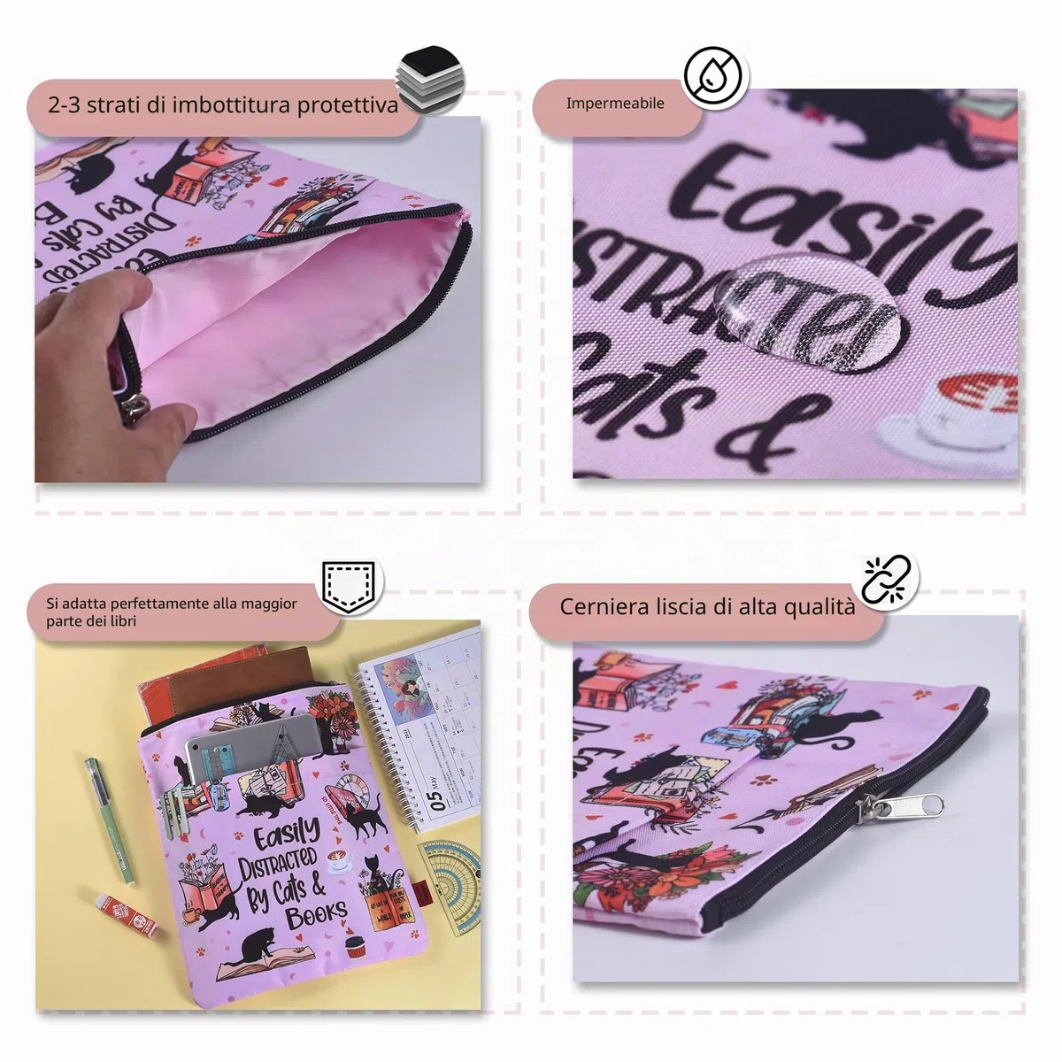 Custodia protettiva per libri con cerniera, dimensioni: 28 x 21,9 cm, in tessuto lavabile, motivo Easily Distracted by Cats and Books