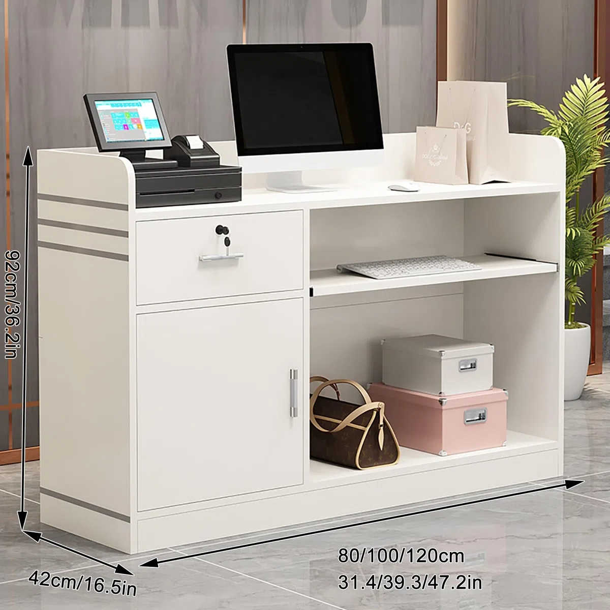 Bancone Reception Moderno con cassetto chiudibile a Chiave e sportello per Piccolo Ufficio, per Salone, Cassa, Marrone (80 cm/31,4 Pollici)