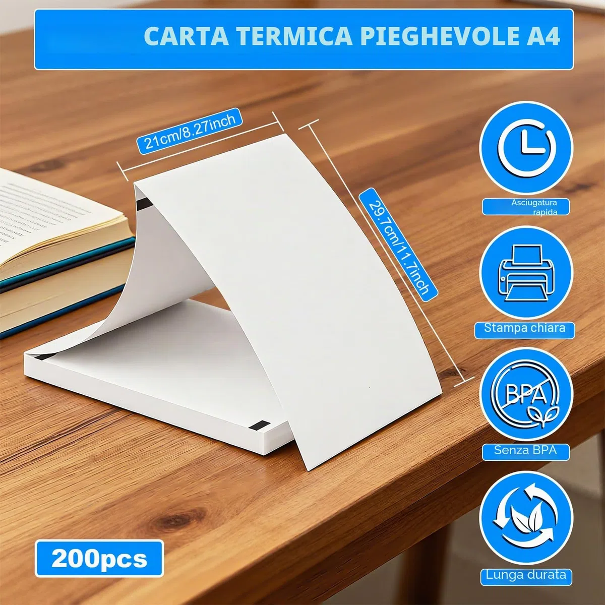 (200 Fogli) Carta Termica A4 per Stampante,Carta Termica A4 Pieghevole,Compatibile con la Maggior Parte Delle Stampanti Termiche,Senza BPA,Adatto per Documenti, Siti Web e Foto