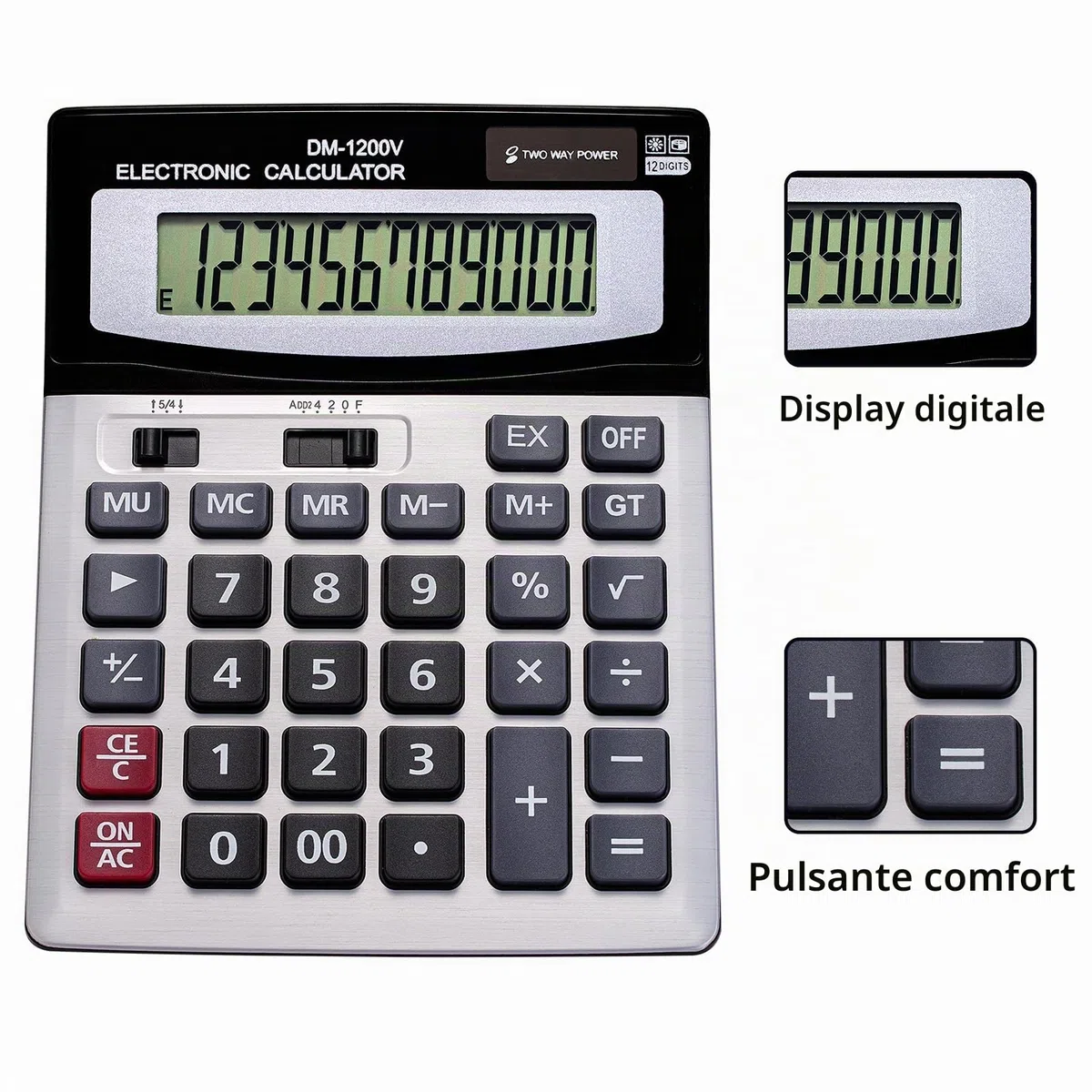 Calcolatrice da tavolo a 12 cifre con ampio display LCD e pulsante sensibile, doppia alimentazione solare e batteria, funzione standard per ufficio (YE1200v)