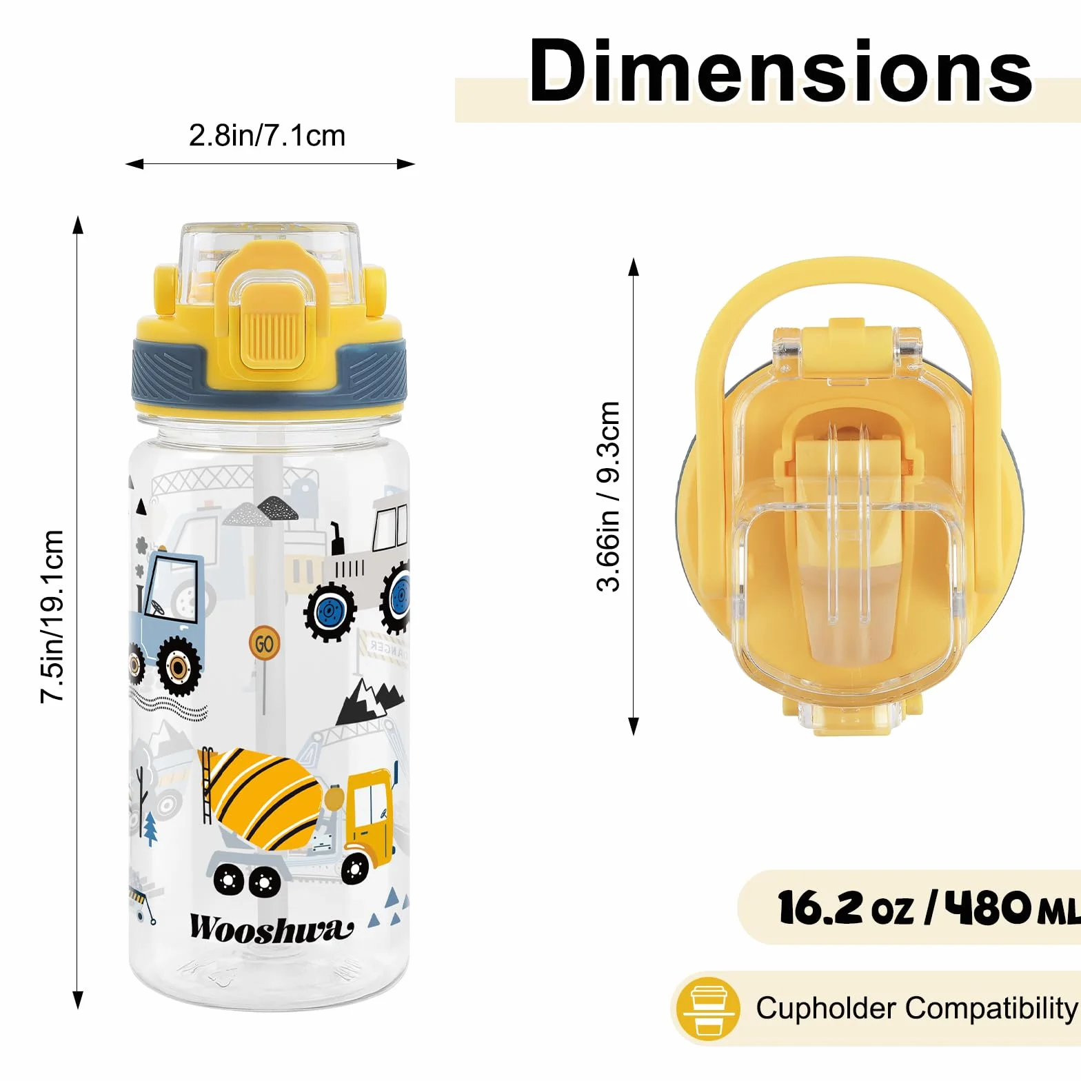 Borraccia Bambini con Cannuccia 480ml, Borraccia Bambino Bambina a Prova di Perdite con Maniglia Senza BPA, per Viaggi Sport Scolastici - Escavatore Giallo