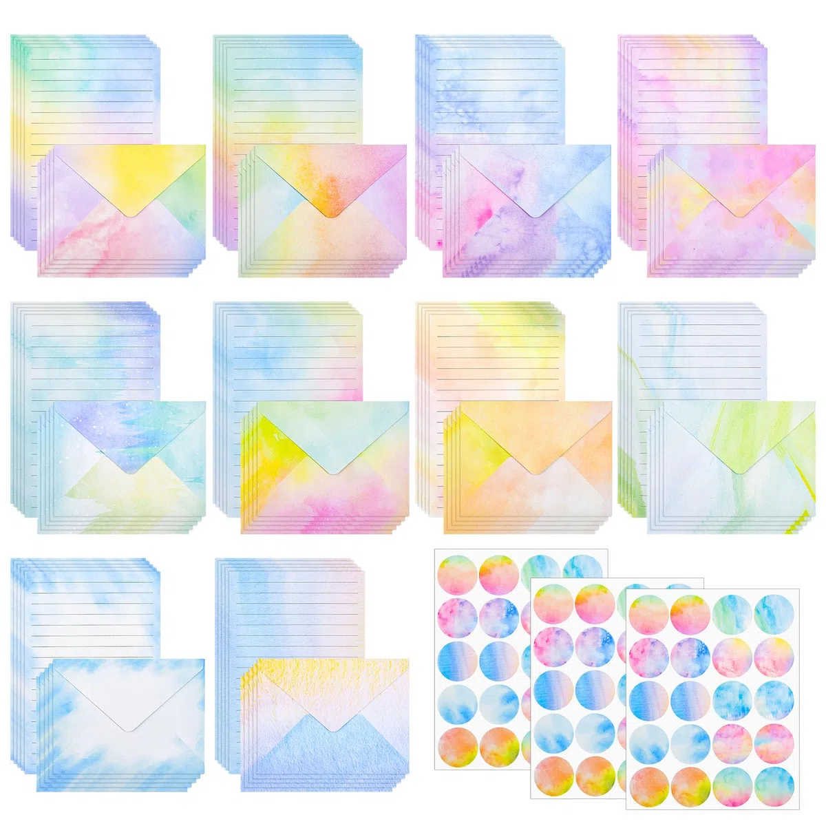 REFORUNG Set di 160 fogli di carta da lettere con busta, a righe, 10 colori, formato A5, con adesivi, per ragazze, bambini, fogli di lettere per invito, biglietti di auguri