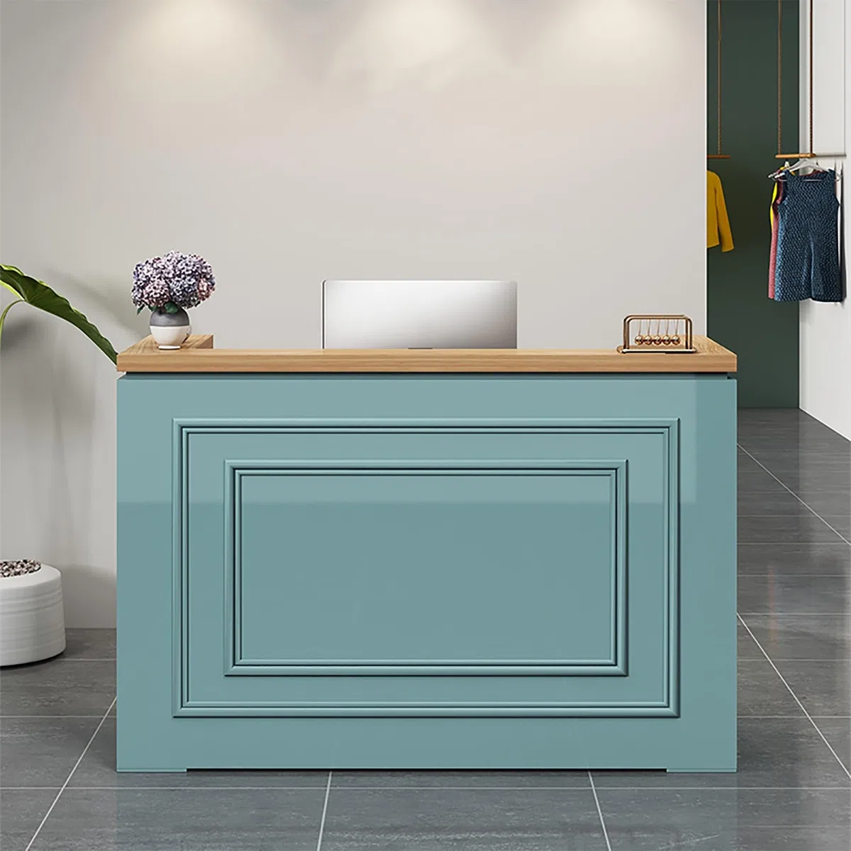 Bancone Reception Moderno Verde con cassetti chiudibili a Chiave, bancone Reception con cassetto chiudibile a Chiave, bancone Anteriore con bancone, bancone Cassa Moderno per Negozi al detta