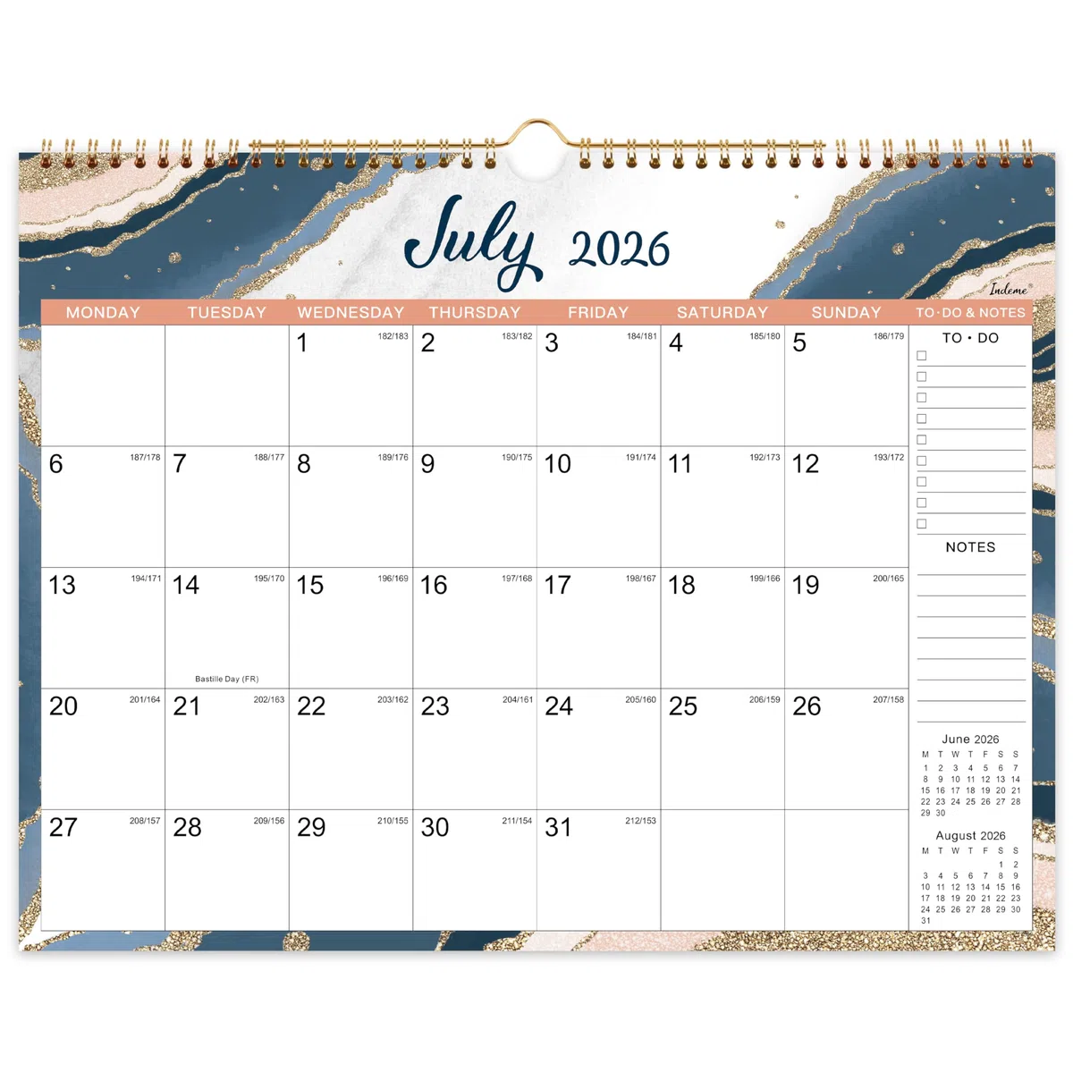 Calendario 2026-2027, calendario da parete 2026-2027, 18 mesi, luglio 2026 - dicembre 2027, sei diversi modelli, rilegatura a doppio filo, gancio per appendere, 37,6 x 29 cm