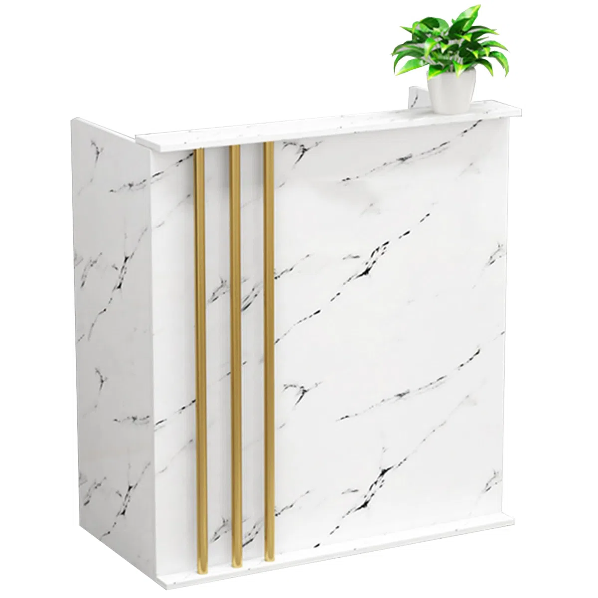 Bancone Reception Moderno Bianco con cassetti chiudibili a Chiave per minimarket, Negozio di Abbigliamento, Barbiere e Hotel di Piccole Dimensioni (Finitura Effetto Pietra Bianca)