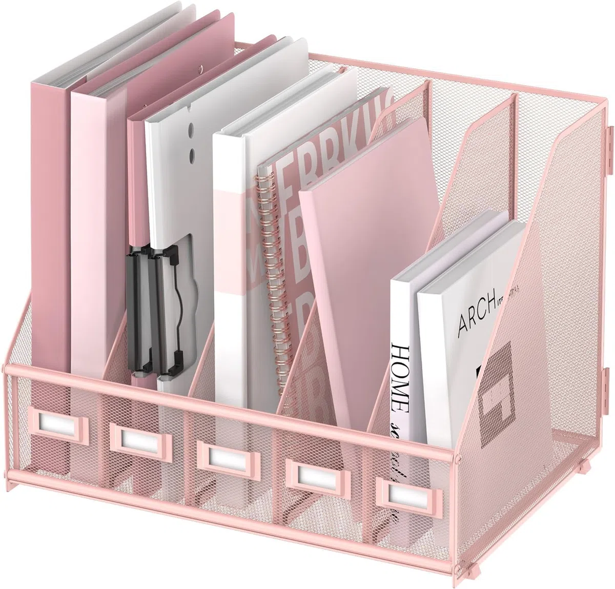 Rack File Organizer - Organizer da scrivania in metallo - Portariviste con 5 scomparti verticali - Magazine File Holder, rosa