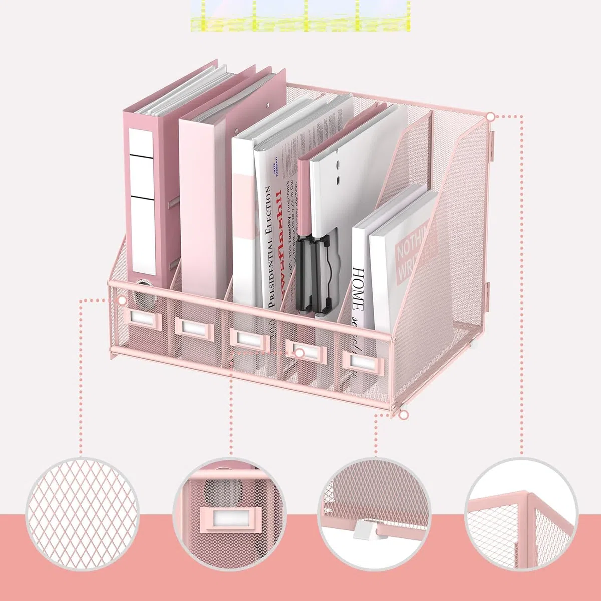Rack File Organizer - Organizer da scrivania in metallo - Portariviste con 5 scomparti verticali - Magazine File Holder, rosa