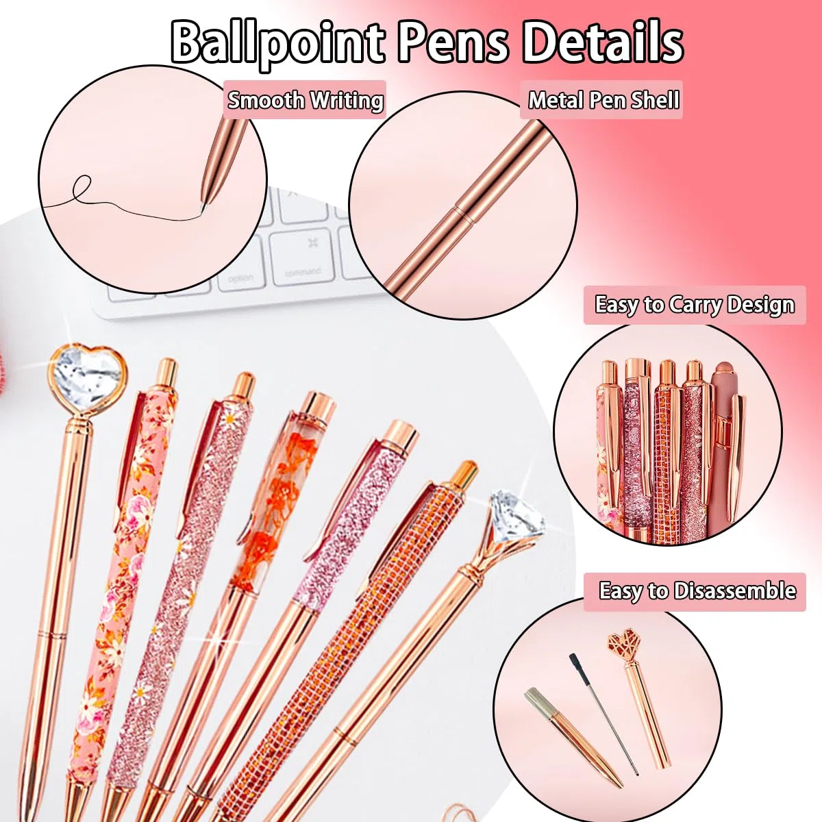 Set di 28 penne a sfera in oro rosa con diamanti di cristallo, 14 penne a sfera retrattili con corone in metallo luccicanti e 14 mine di inchiostro nere, belle penne effetto sabbia liquida