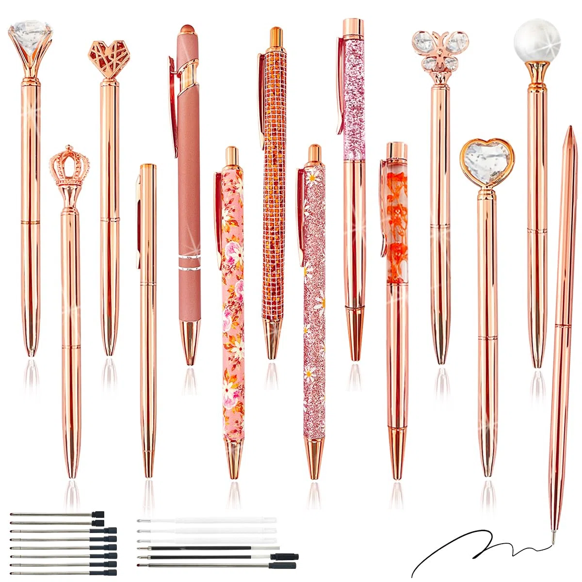 Set di 28 penne a sfera in oro rosa con diamanti di cristallo, 14 penne a sfera retrattili con corone in metallo luccicanti e 14 mine di inchiostro nere, belle penne effetto sabbia liquida