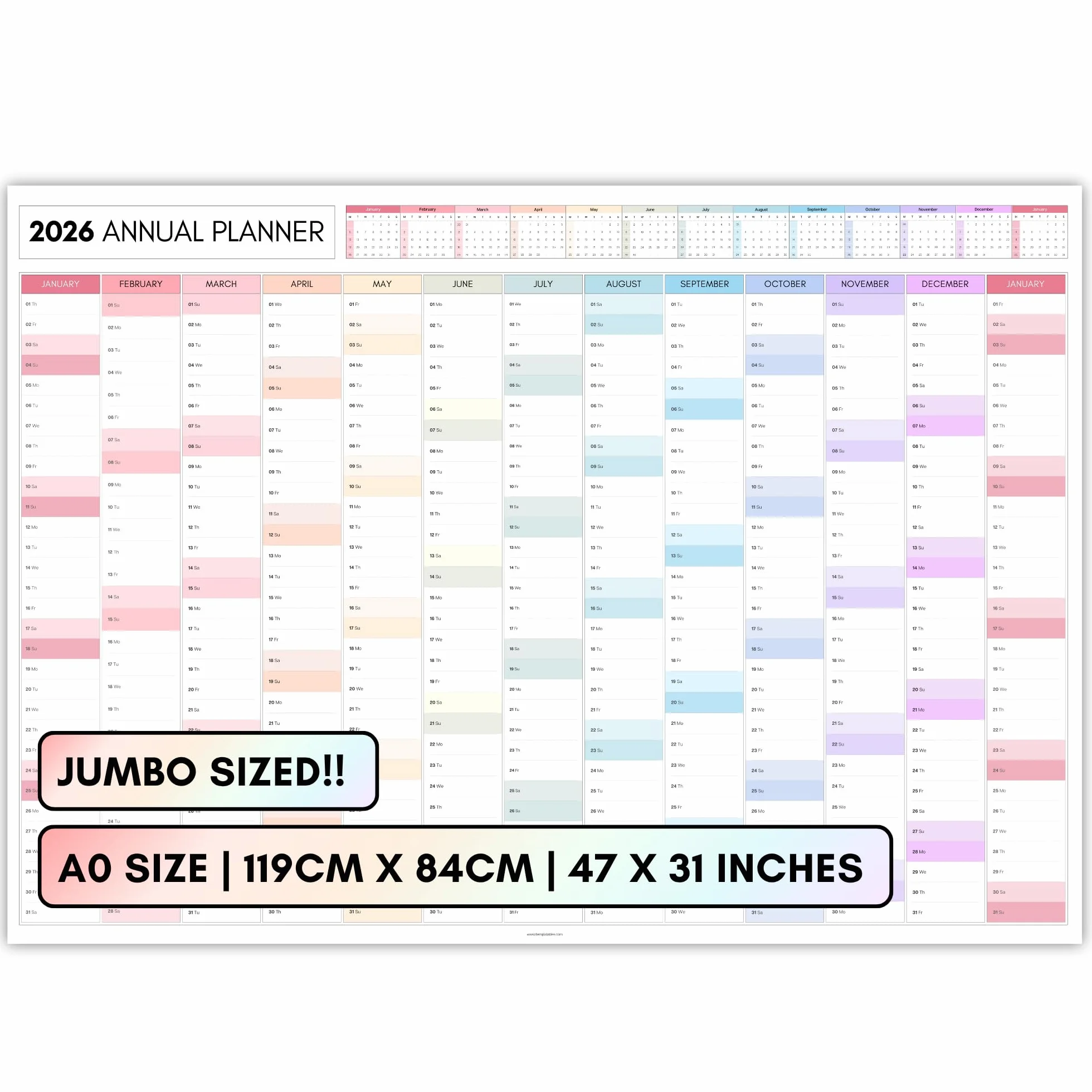 Agenda mensile gigante da parete 2026, formato A0, 119 cm x 84 cm, stampa jumbo su entrambi i lati, calendario da parete 2026, visualizzazione annuale completa, organizer per ufficio, università