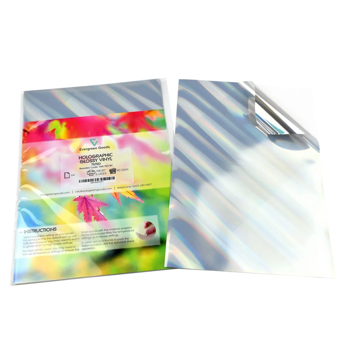 Evergreen Goods A4 - Adesivo adesivo posteriore olografico, in vinile argentato, con motivo inclinato, stampabile a getto d'inchiostro e laser (10)