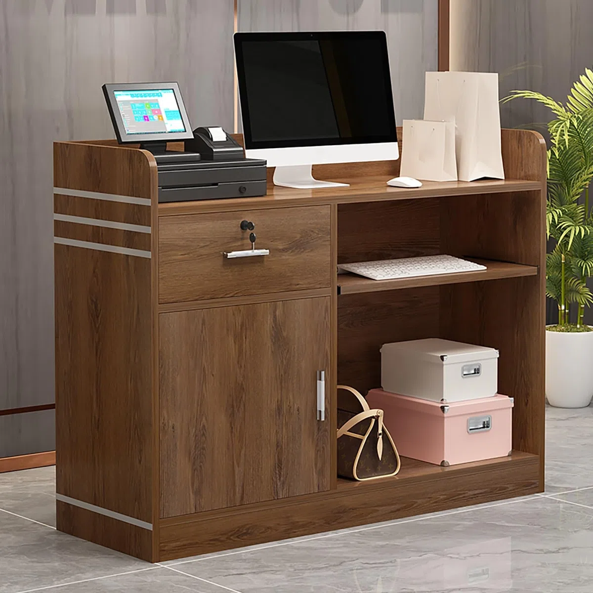 Bancone Reception Moderno con cassetto chiudibile a Chiave e sportello per Piccolo Ufficio, per Salone, Cassa, Marrone (80 cm/31,4 Pollici)