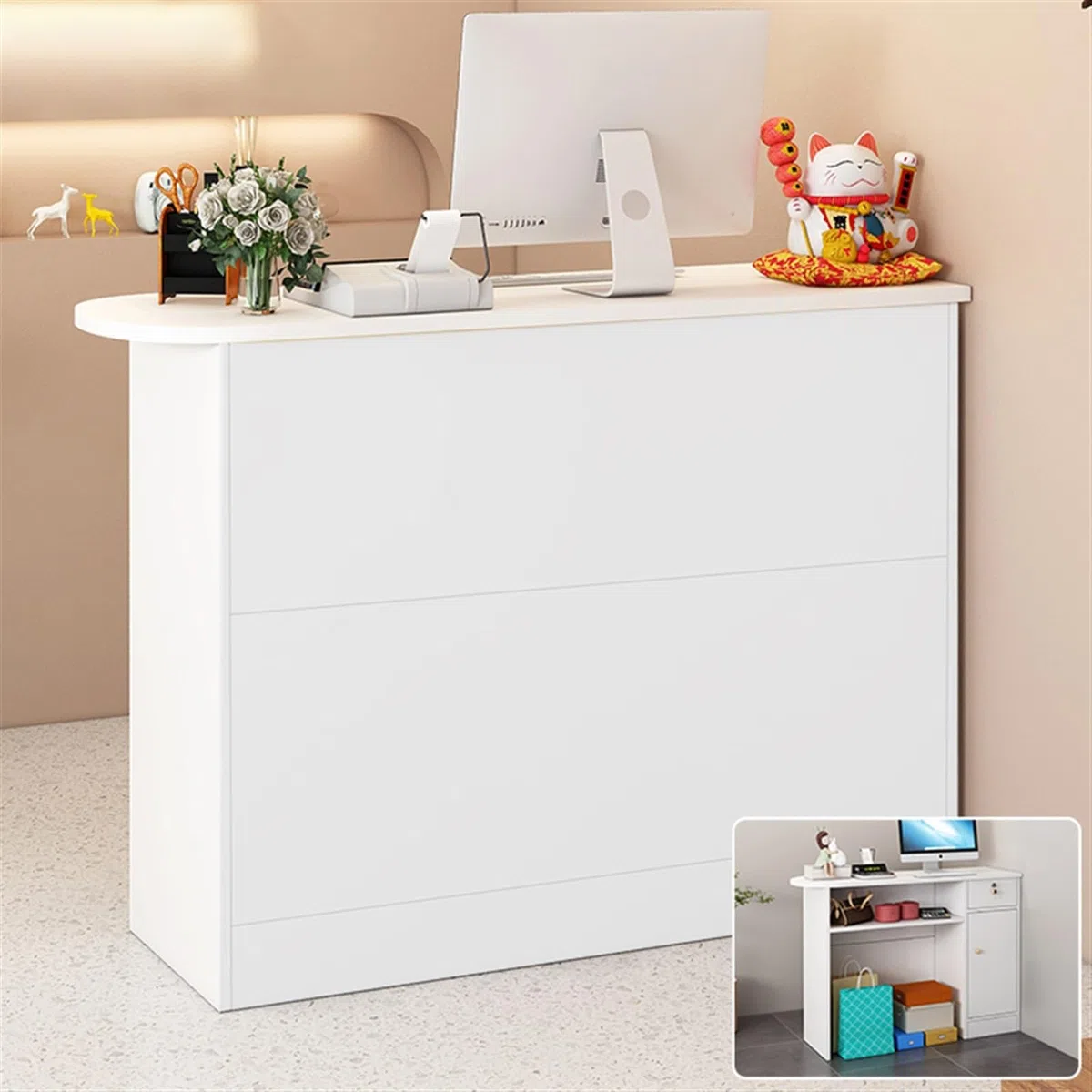 Bancone Reception Moderno di Lusso Ovale Piccolo per Salone, Cassa, Ufficio, Marrone, 80 cm