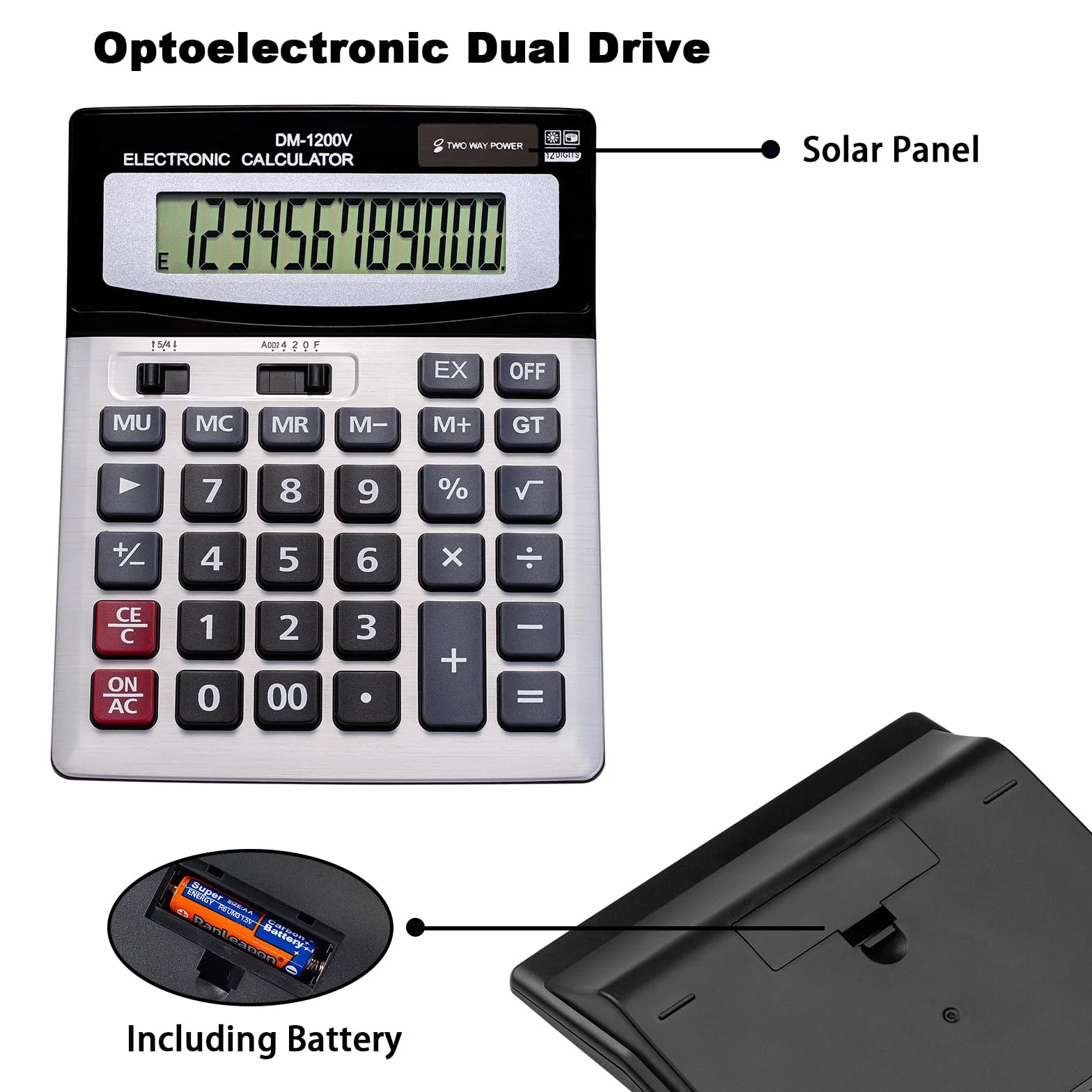 Calcolatrice da tavolo a 12 cifre con ampio display LCD e pulsante sensibile, doppia alimentazione solare e batteria, funzione standard per ufficio (YE1200v)