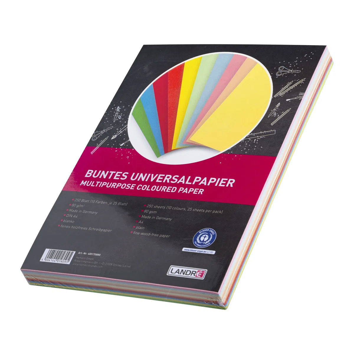 LANDRÉ - 250 fogli A4, carta universale colorata, 80 g/m², 10 colori