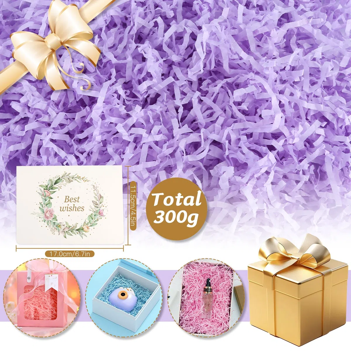 300 g di materiale di riempimento per regali colorati, 6 colori, carta morbida sminuzzata, materiale di riempimento in rafia con 1 biglietto di auguri per scatole regalo, cestini regalo