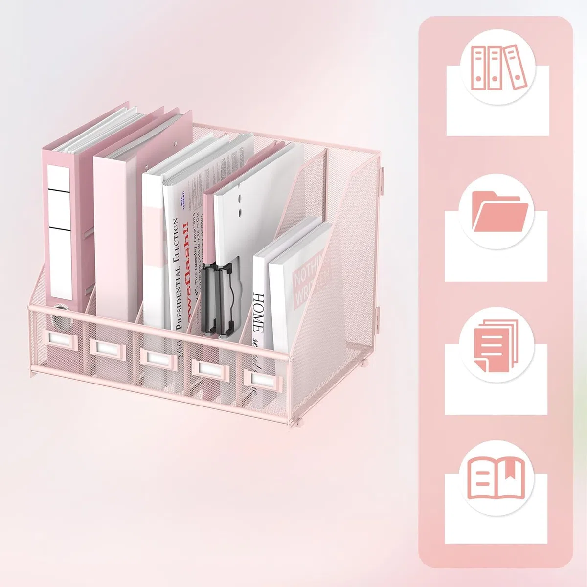 Rack File Organizer - Organizer da scrivania in metallo - Portariviste con 5 scomparti verticali - Magazine File Holder, rosa