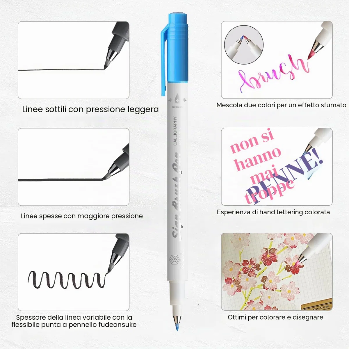 Penna calligrafica - 16 colori di penne fudenosuke con punta a pennello, set calligrafia per principianti, lettering, scrittura, disegno, colorazione, bullet journal GC-SB16